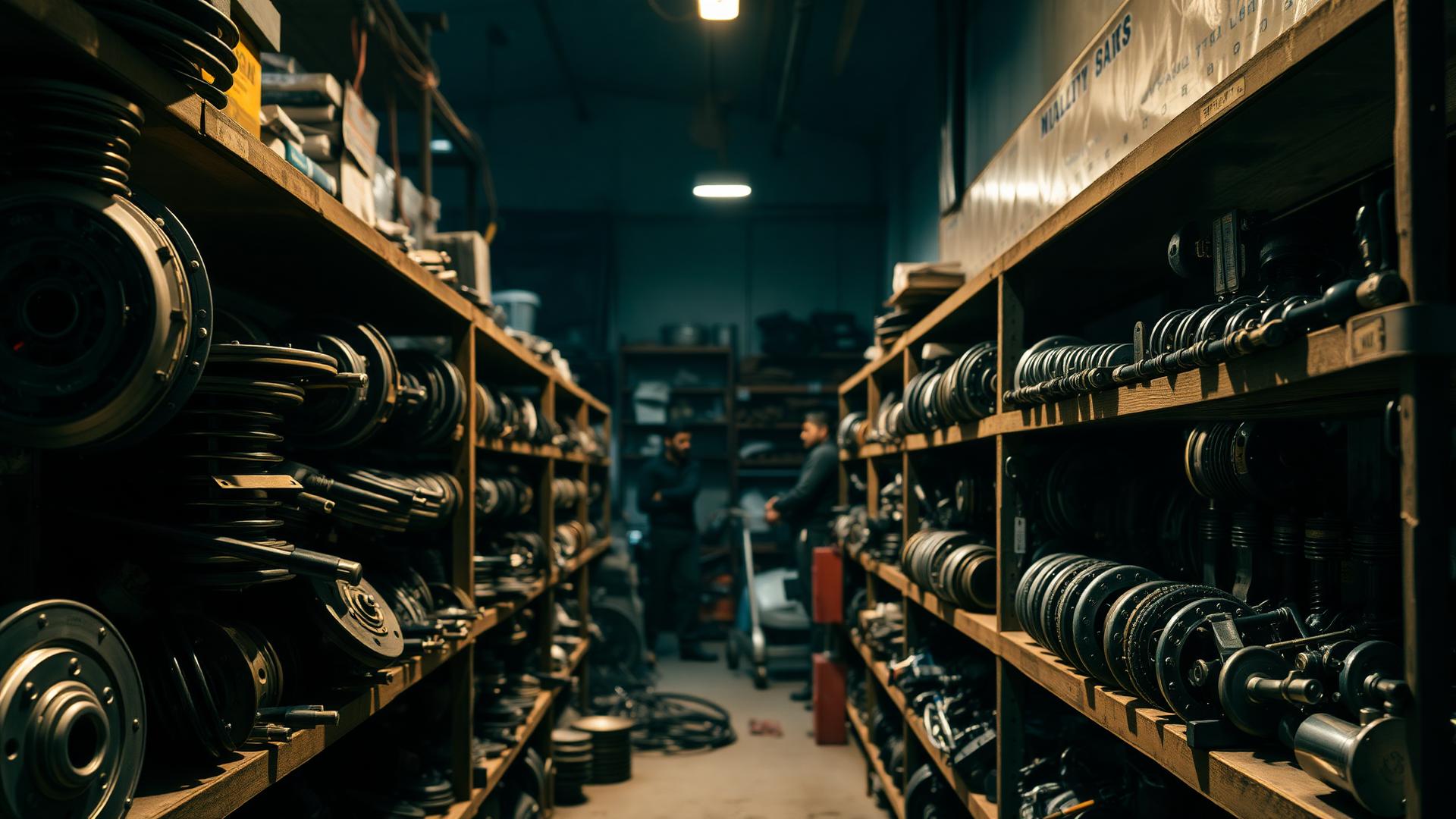 NH Auto Parts workshop with shelves of refurbished car parts